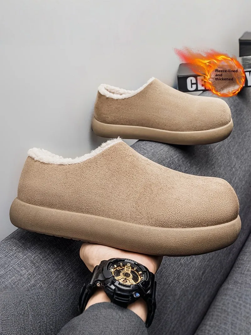 

Men's Winter Warm Fleece Lined Leather And Fur Integrated Cotton Slip-On Shoes Casual Versatile Retro Birkenshoes