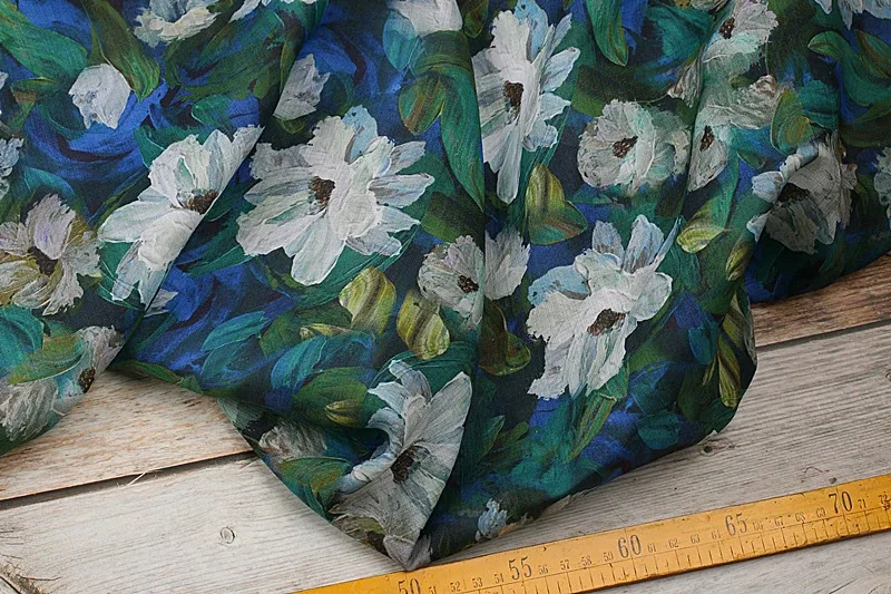 

1yard Sand washed pure ramie fabric Ink Flower printing tissu Designer's artistic dress,pants,shirt fabric for clothing