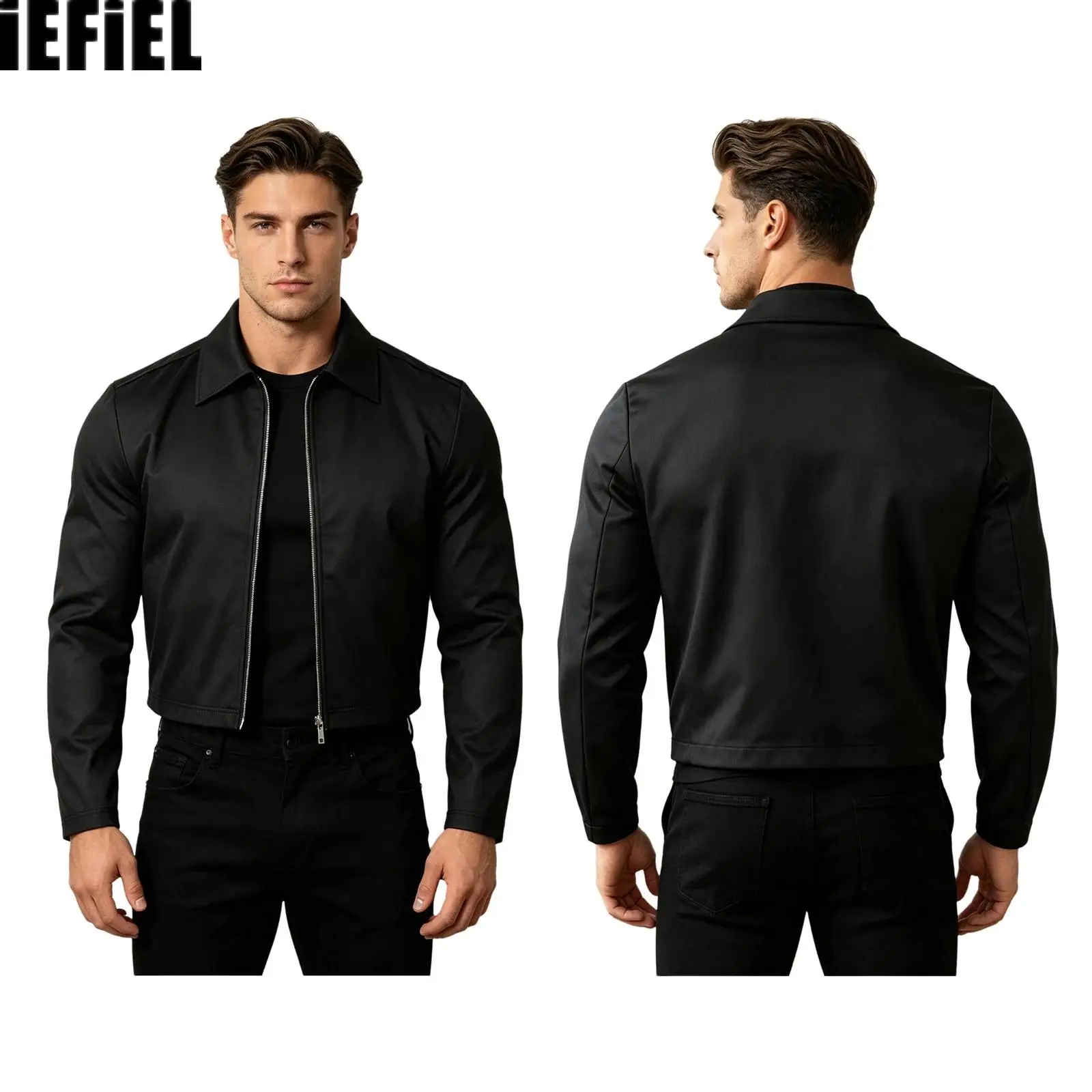 Men Two-way Zipper Casual Jacket Turn-down Collar Long Sleeve Cropped Coat Outerwear for Daily Life Party