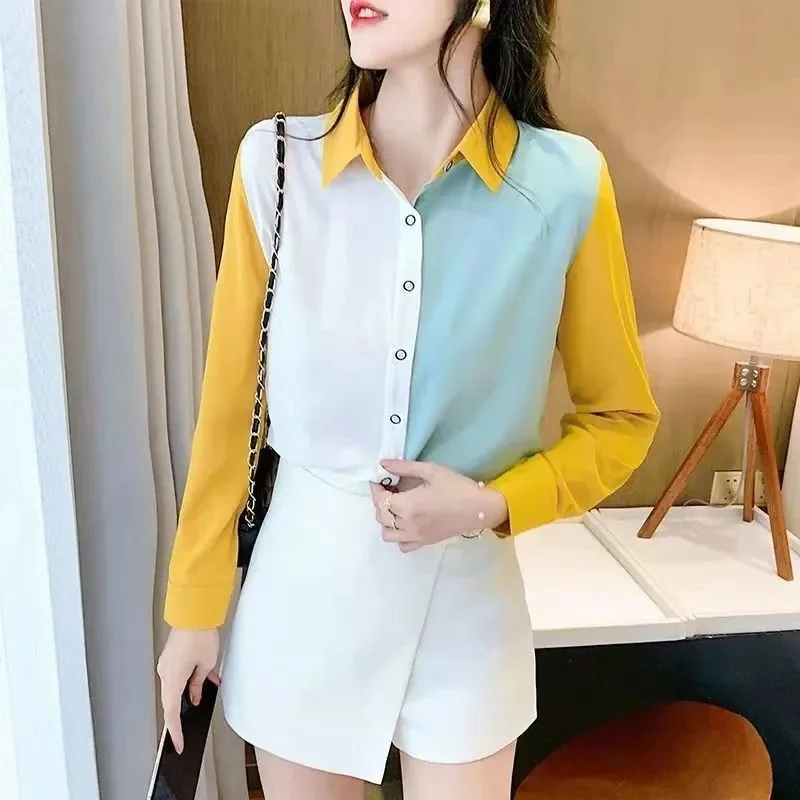 2024 New Spring And Summer Long-Sleeved High-Grade Chiffon Contrast Shirt Women's Fashion Shirt Is Versatile