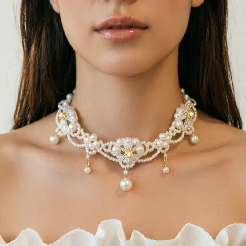 Vintage Layered Faux Pearl Flower Choker Necklaces Imitation Pearl Rhinestones Pendant Chains Women Necklaces for Party