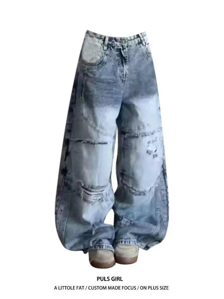 

Washed Vintage Heavy Duty Hole Denim Jeans Women's Loose Drapey Wide Leg Long Pants High Waist Casual Style All Seasons