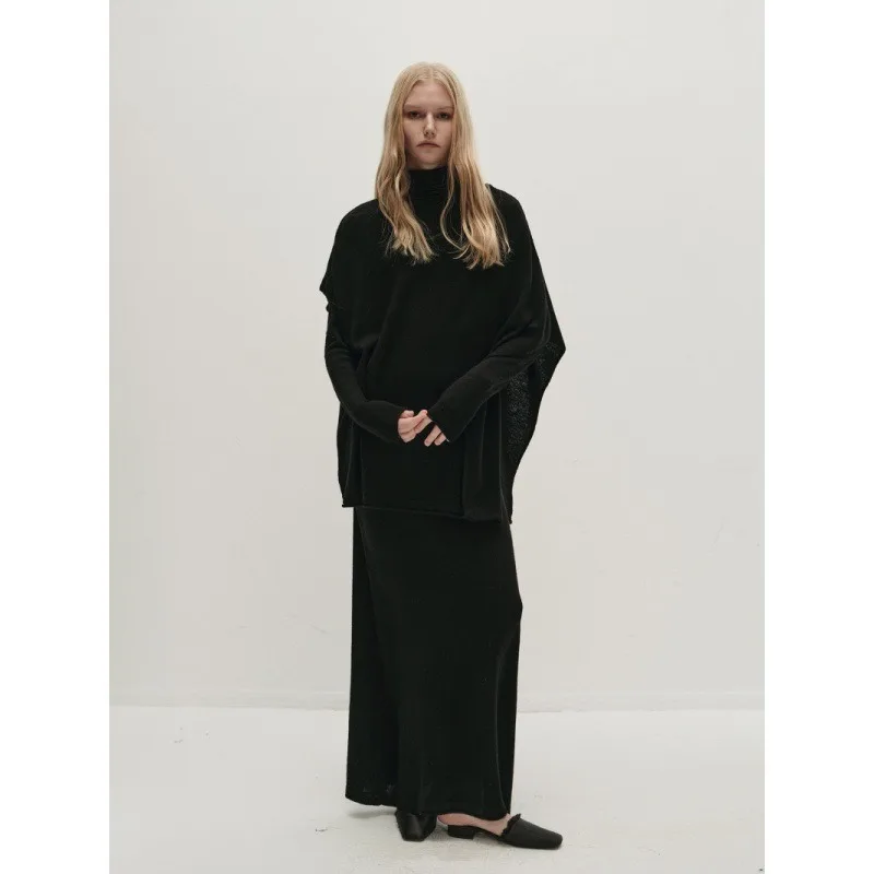 Nordic VKC style~Elegant design with lace up high neck slim knit dress, long skirt+batsleeved cape shirt