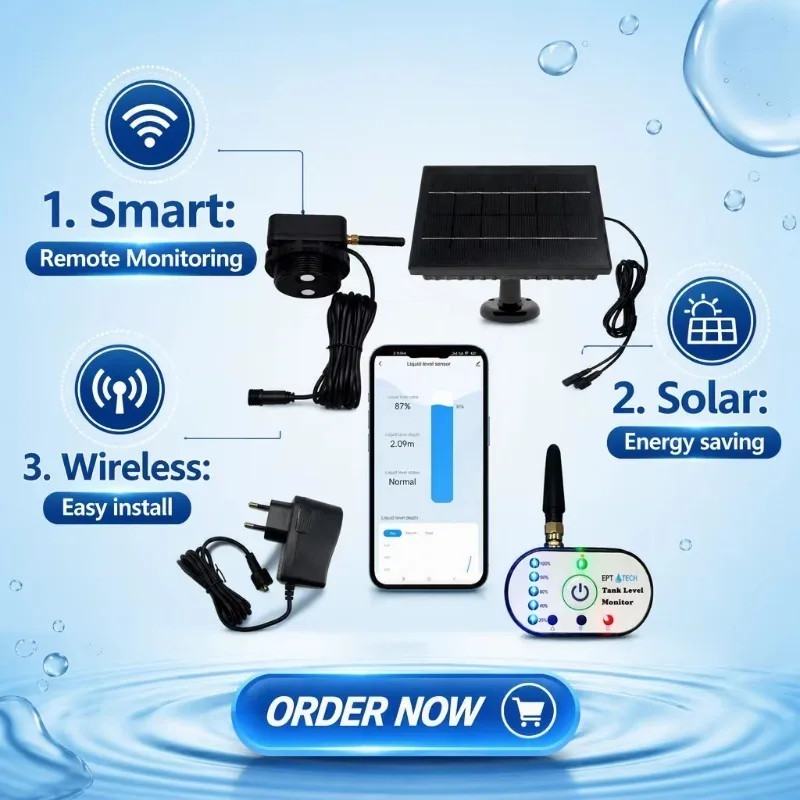 TLC2502P-S Tuya Smart Life Ultrasonic Level Transmitter Solar WiFi+LORA Water Diesel Fuel Tank Depth Sensor with Alarm Output
