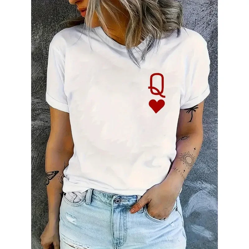 Women's Heart-shaped 'Q' Print round Neck Short Sleeve Casual Cotton Top Loose Fit Fashion Trend Sports Style