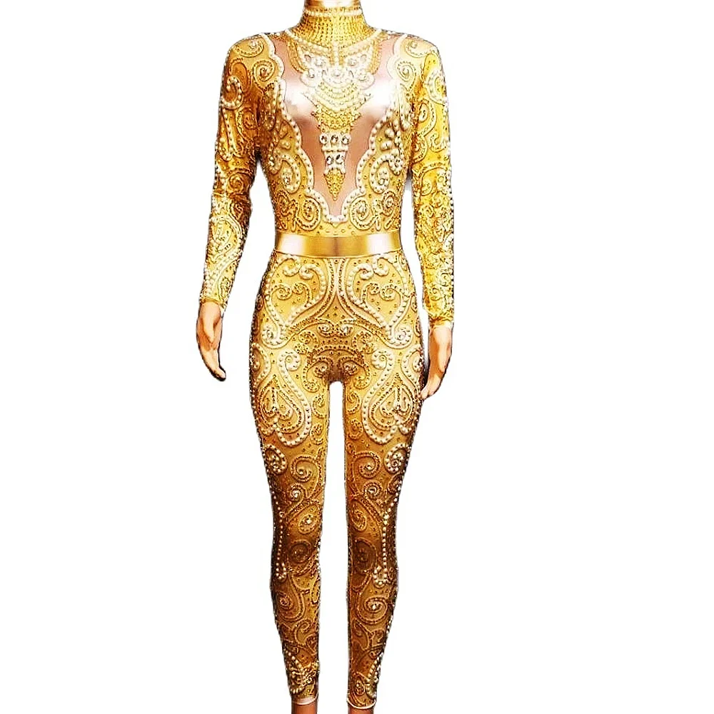 

Shining Gold Diamonds Women Long Sleeve Jumpsuits Stretch Tight Pole Dancing Costumes Nightclub Bar Singer Stage Show Wear