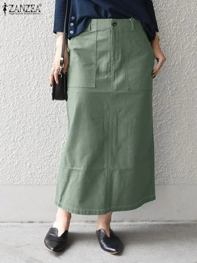 2024 ZANZEA Fashion Women Autumn Elegant Solid Mid-calf Skirt Casual High Waist Cargo Skirts OL Work Faldas Saia Loose Jupe Robe