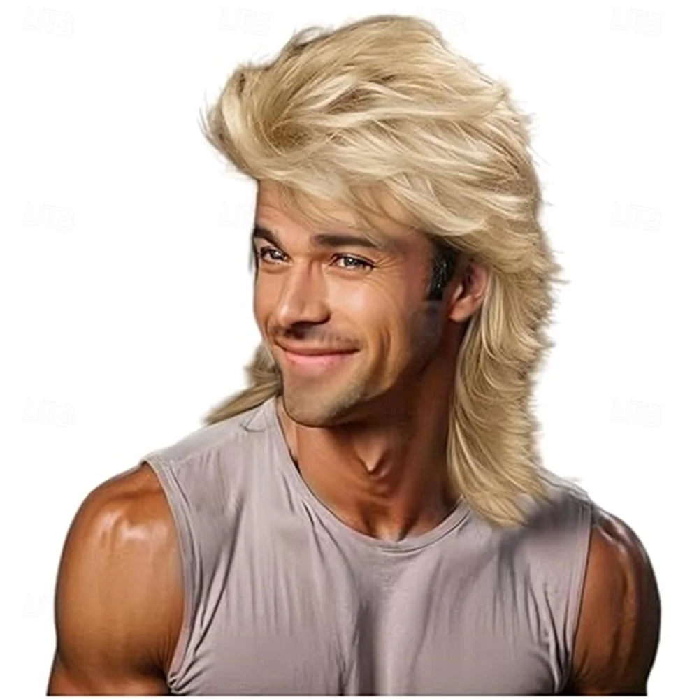 Perucas Sintéticas Loiro Acinzentado Estilo Mullet para Homens, Perucas Engraçadas dos Anos 70 e 80, Peruca Sintética Resistente ao Calor para Festas e Cosplay Masculino