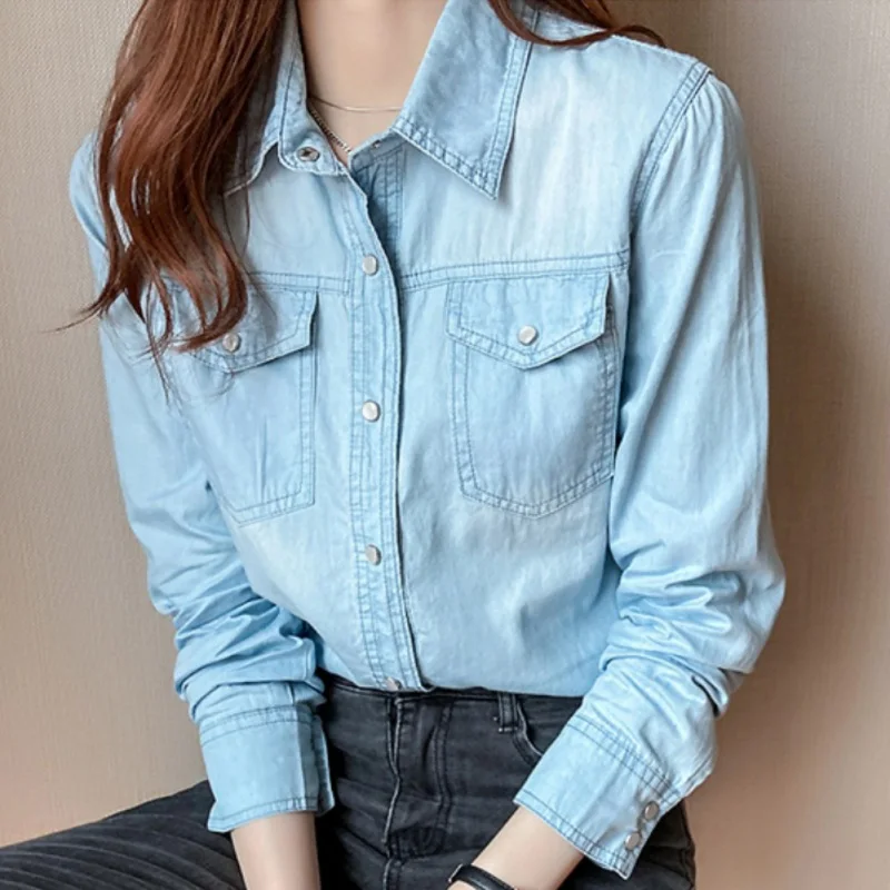 Women Jean Shirts Cowboy Long Sleeved College Style Slim Versatile Denim Female bottoming Shirt