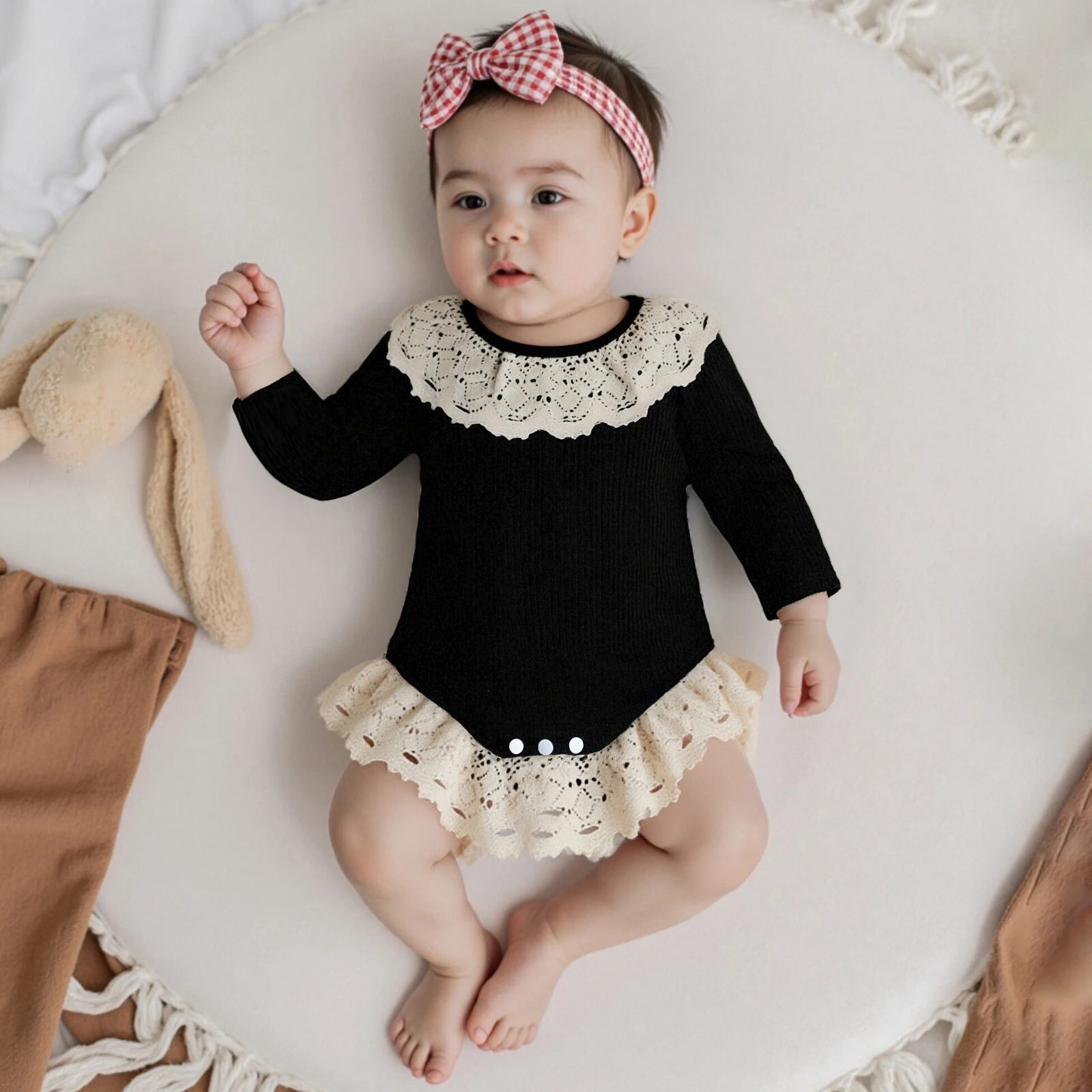 طفلة الخريف عارضة رومبير الرضع طويلة الأكمام جولة الرقبة الدانتيل تقليم حللا #4