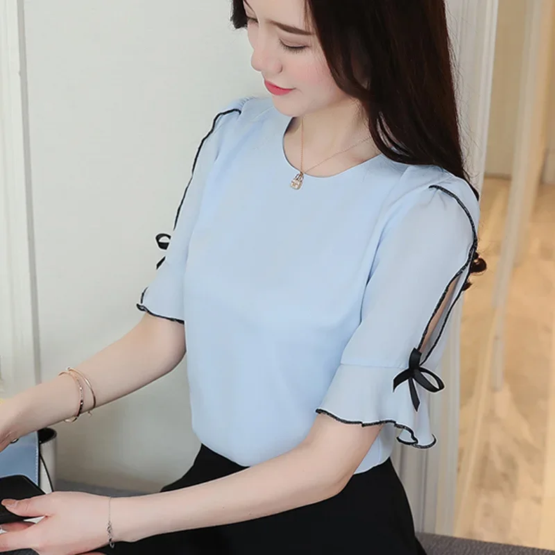 Summer Chiffon Women Blouse Short Sleeve Sweet Elegant Tops Fashion Casual Blouses Bow Clothing