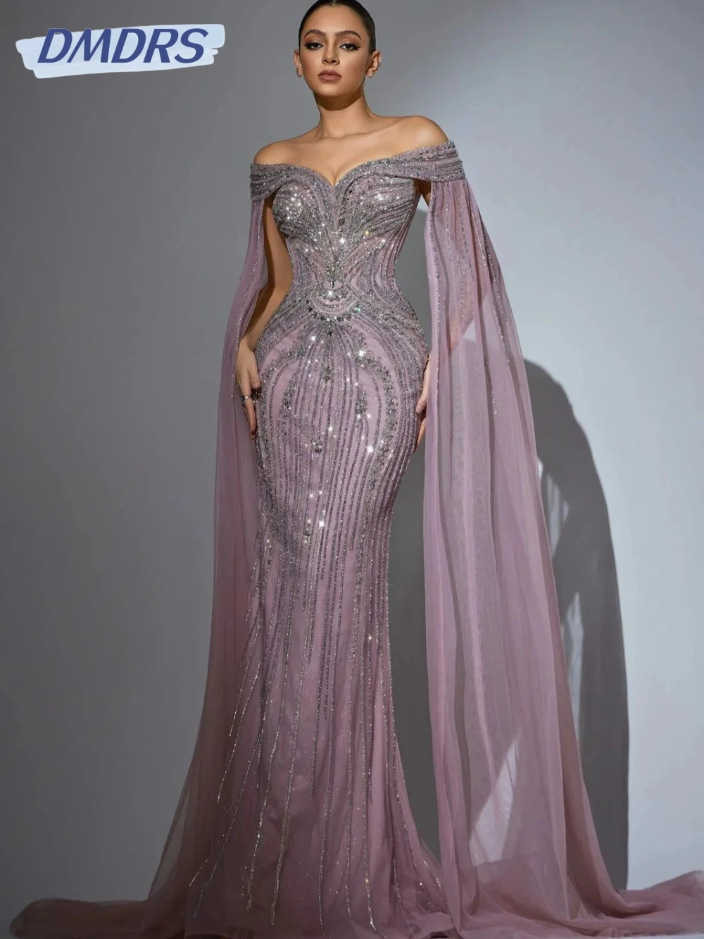 

Shimmering Silver Beaded Crystal Evening Dress With Cape Sleeve Elegant Wedding Party Gown Customized Mermaid Long Prom Dresses