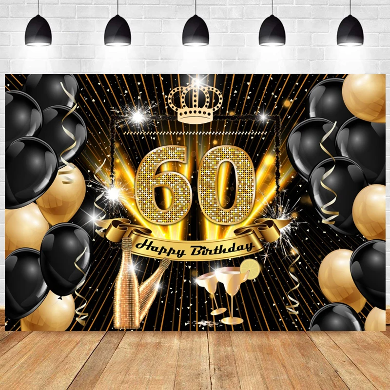 Black Gold 60th Photo Backdrop Woman Man Happy Birthday Party Sixty 60 Years Old Photograph Background Photo Banner Decoration