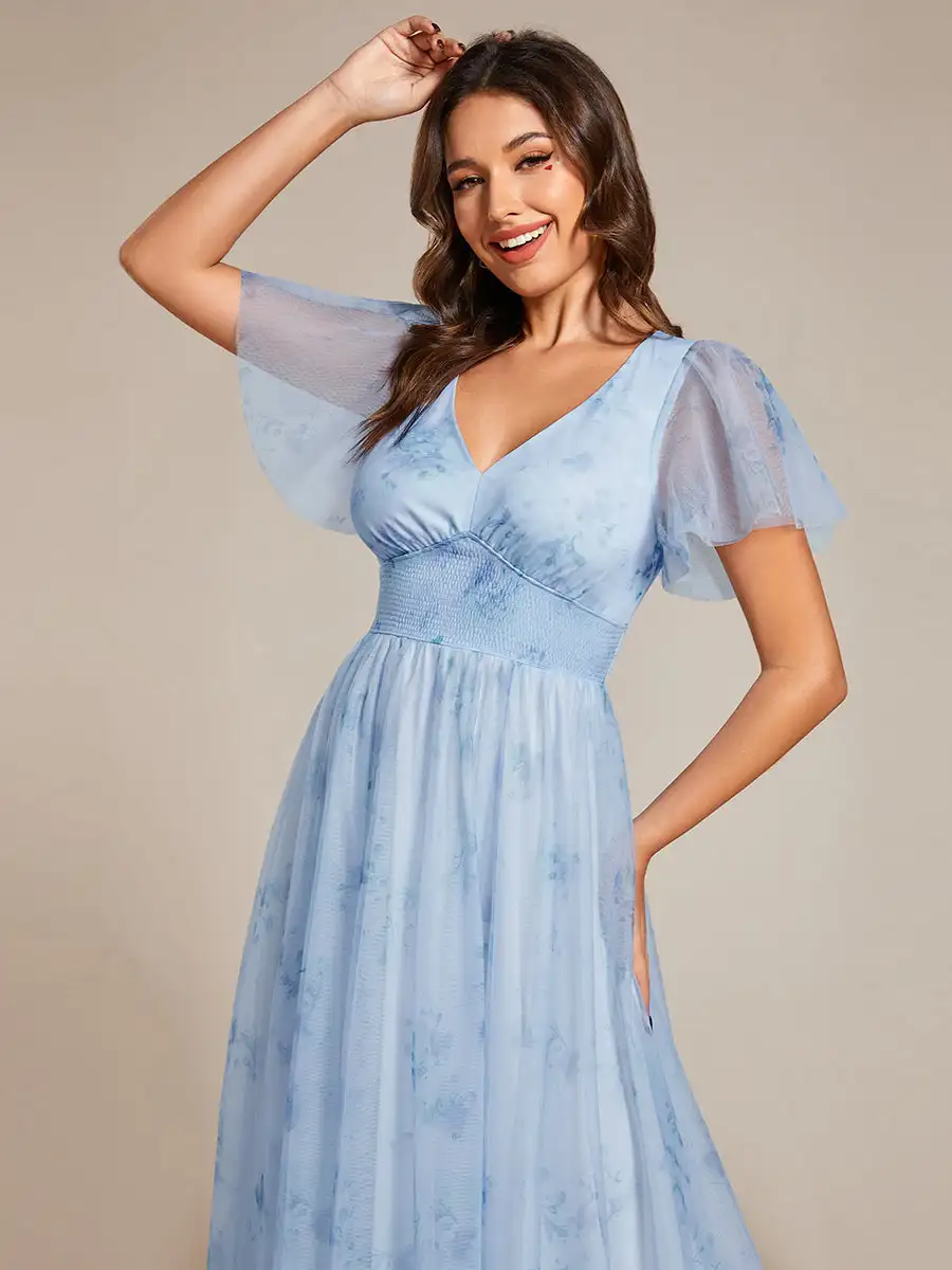 Elegant Evening Dresses Floral Tulle Deep V-Neck Short Sleeve 2024 Ever Pretty of Printing Ice blue Bridesmaid Dress