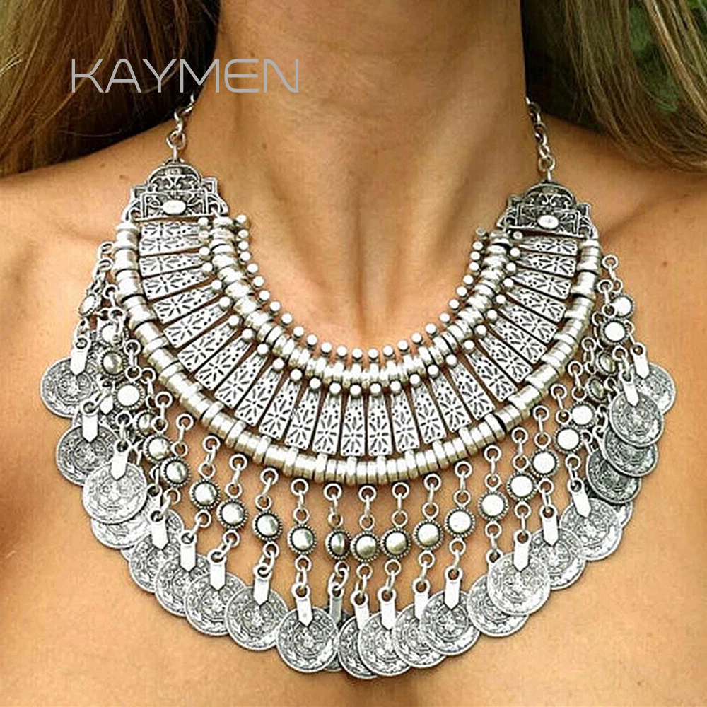 KAYMEN Bohemia Gipsy Coins Pendant Necklace Vintage Statement Chokers Necklace for Girls Women Antique Silver Color Necklaces