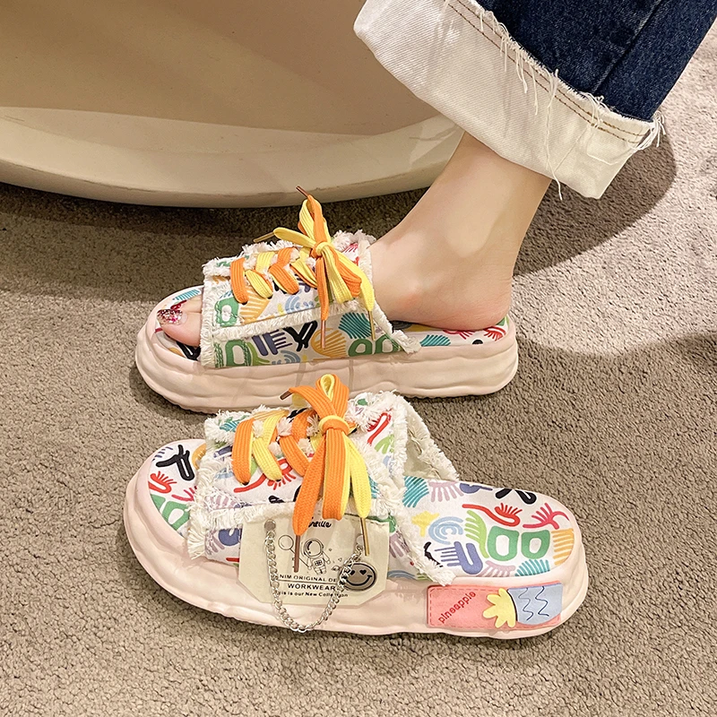 Fashion Design Summer Women Graffiti Slippers Platform Shoes Mules Flip Flops Street Sandals Clogs Flat Casual Shoes For Female