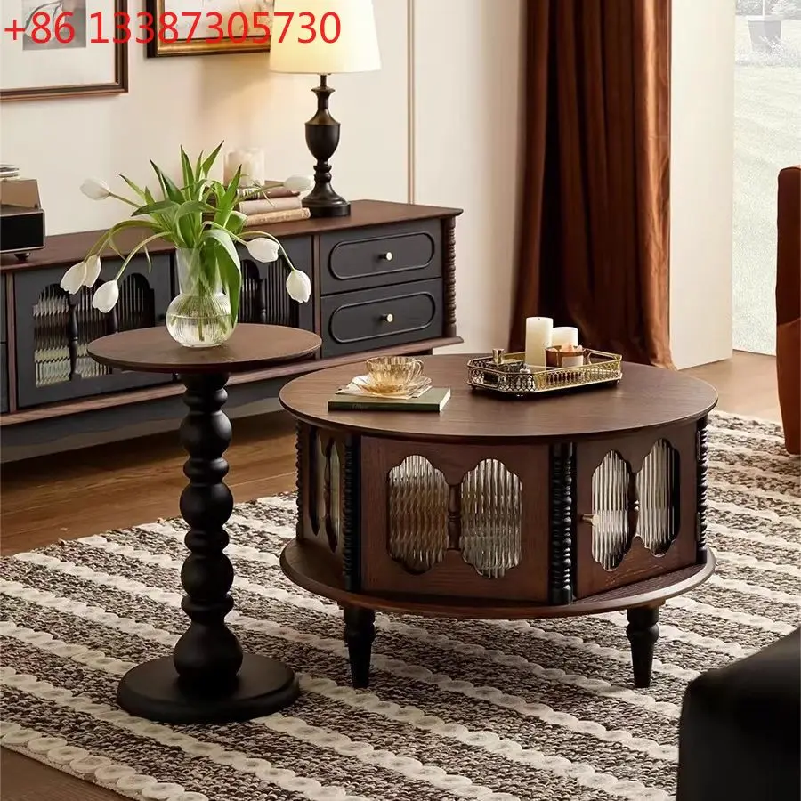 

Retro solid wood French coffee table living room home storage round coffee table combination