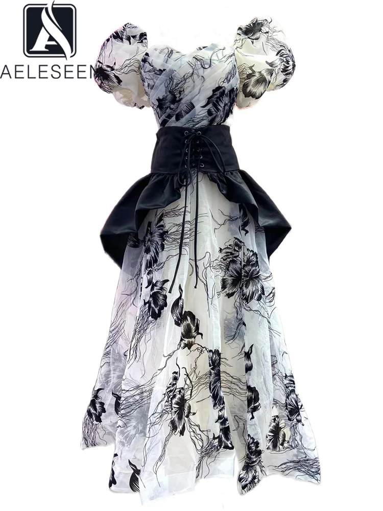 

AELESEEN Fashion Runway Women Summer Dress Puff Sleeve Ink Flower Print Detachable Bandage Ladies Sweety Long Party