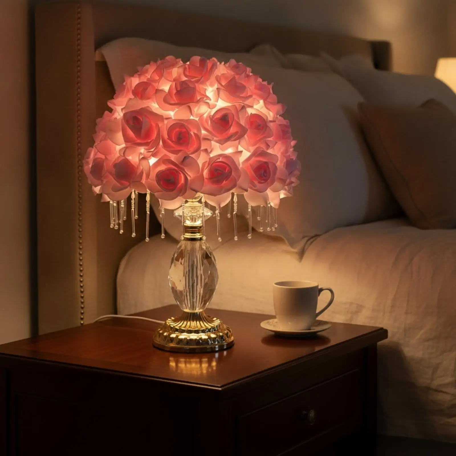 Rose Petal Lamp Romantic bedside lamp with Crystal Drops Decorative for Bedroom, Reading Corner