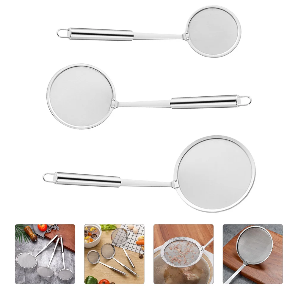 

3Pcs Stainless Steel Kitchen Skimmer Spoon Fine Mesh Filter Soup Residue Long Handle Easy Clean Store Skimmer Spoon