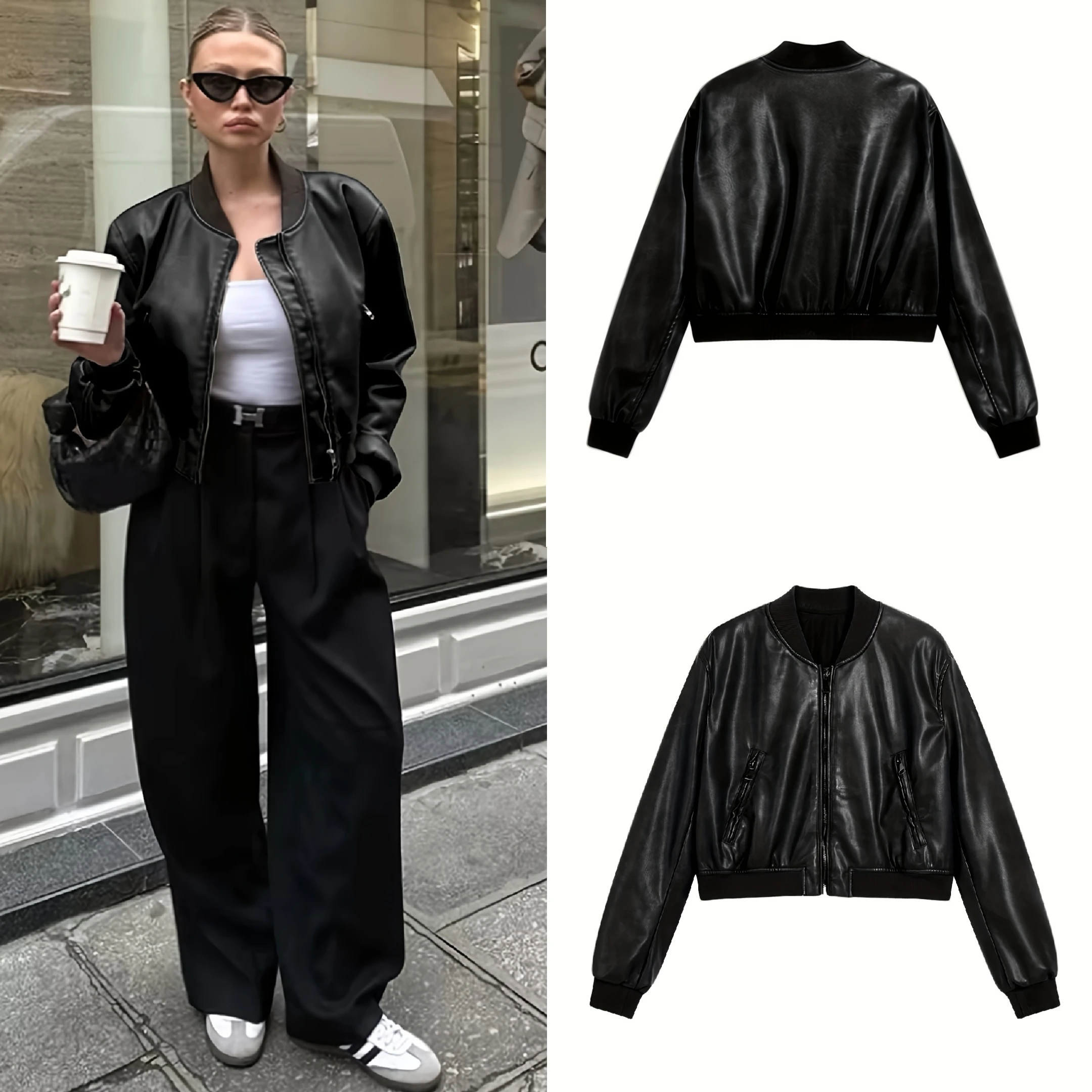 

Women's Black Faux Leather Cropped Bomber Jacket - Long Sleeve Zip Up Collared Jacket