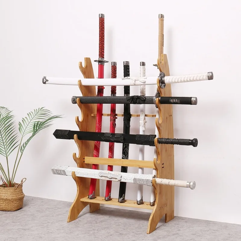 Solid Wood & Bamboo Sword Flute Bow Rack Fishing Rod Multi-Layer Stand Study Sword Holder Home Vertical Rod Storage