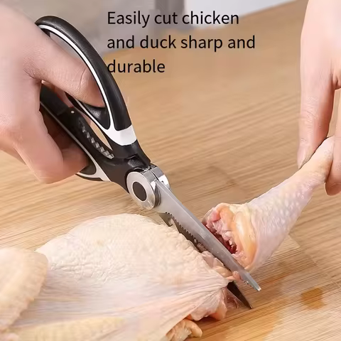 Durable stainless steel kitchen scissors, sharp blades, ergonomic grip, easy to cut chicken, duck, fish and meat