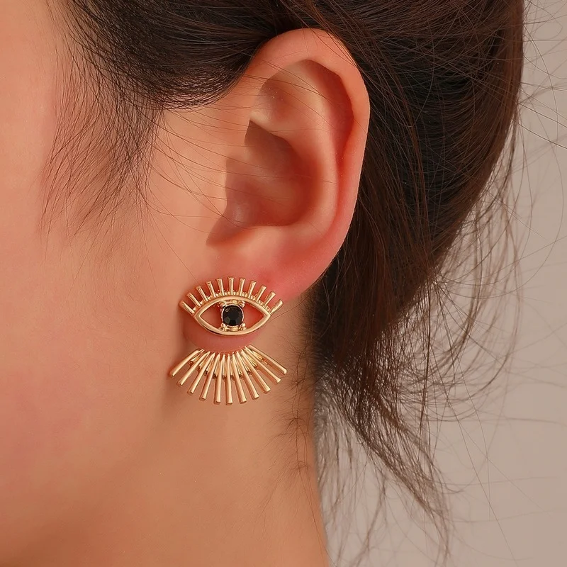 Vintage Evil Eye Gold Color Stud Earrings for Women Geometric Simple Exaggerated Ethnic Style Eyelashes Earring Joyero Brincos