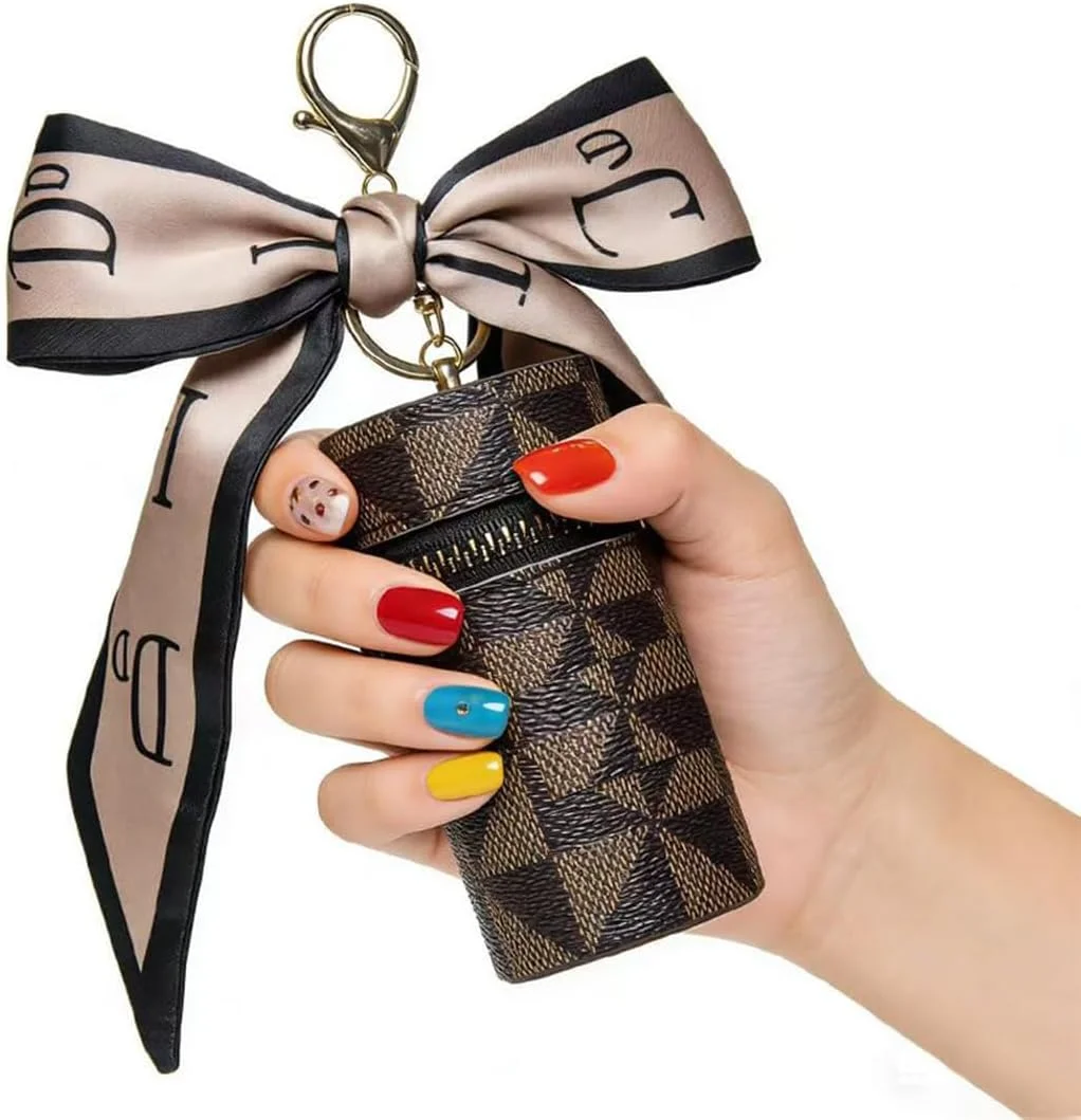 Portable Mini Lipstick And Lip Balm Storage Bag Pink Hard PVC Leather Anti-Scratch Sponge Case with Secure Zipper Closure for Women & Girls Cute Bag Charm Keychain