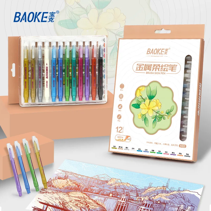 

Металлическая гибкая кисть BAOKE, цветная жемчужная ручка, маркер с мягким наконечником, студенческий художественный маркер, ручка для подписи, журнала, ручка на водной основе