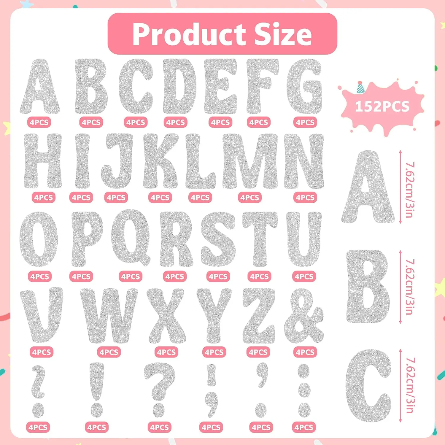 152Pcs Silver Glitter Letter Stickers , 3 Inch Large Self‑Adhesive Capital Alphabet Stickers for Poster Board, Classroom Decor