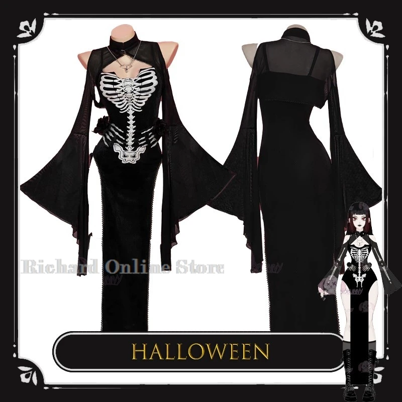 

Halloween Dress up BSkeleton Knight Dark Gothic Dress Cosplay Costume Dress Black Skull Slit Dress and disfraz adulto