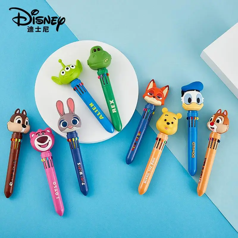 Bolígrafo de diez colores de Disney, bolígrafo de prensa de muñeca de Winnie The Pooh de dibujos animados, papelería bonita para estudiantes, bolígrafo con botón Multicolor con Chip Kawaii