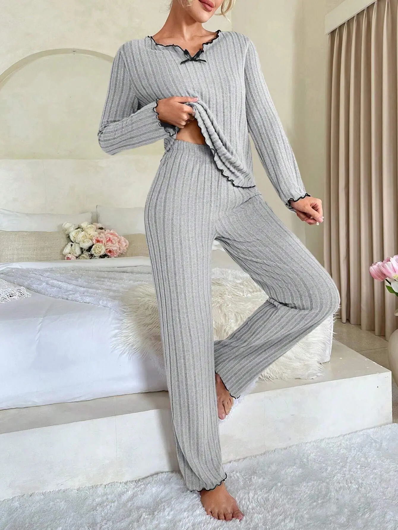 

Autumn and Winter Women's Pajamas Bow-Tie Fastening V-Neck Long-Sleeved Top with Trousers Solid-Colour Elegant Homewear