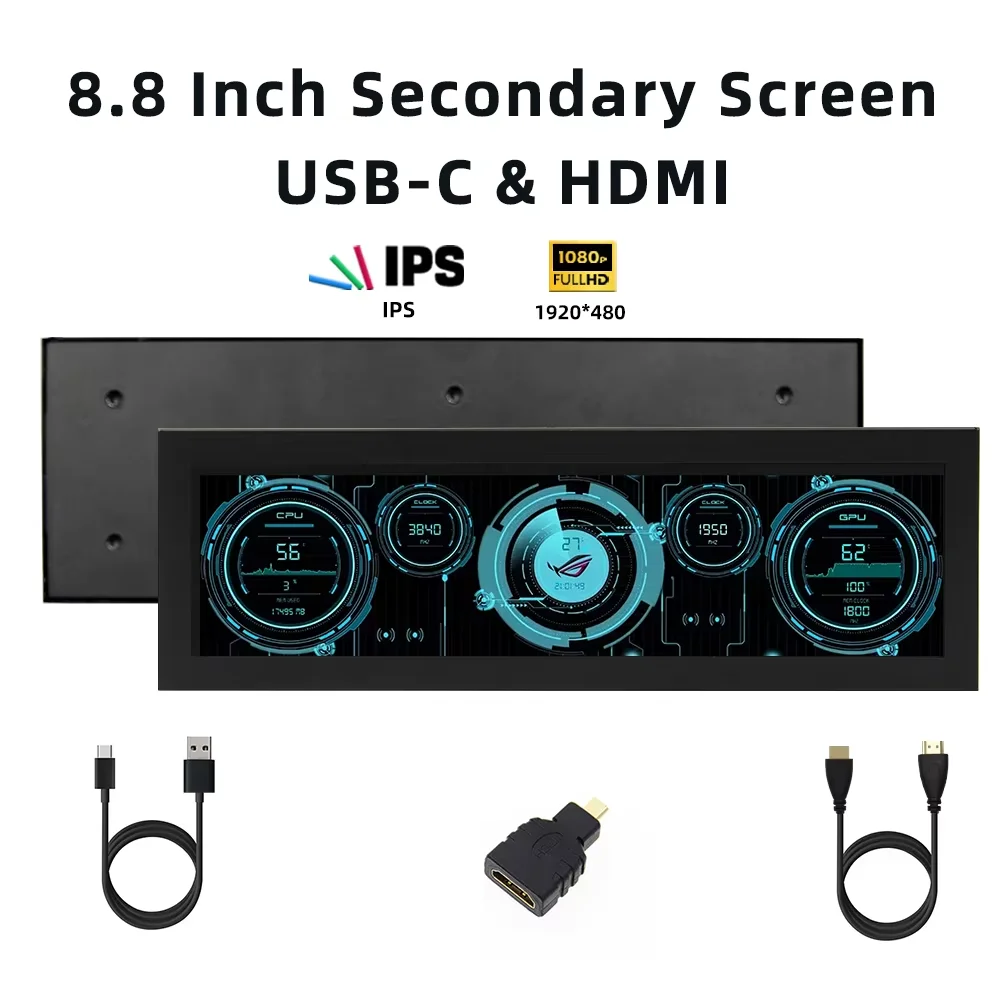 

8,8-дюймовый IPS-экран типа C, интерфейс USB-C, мониторинг компьютера, процессор, графический процессор, оперативная память, 1960*480, дисплей, умный экран