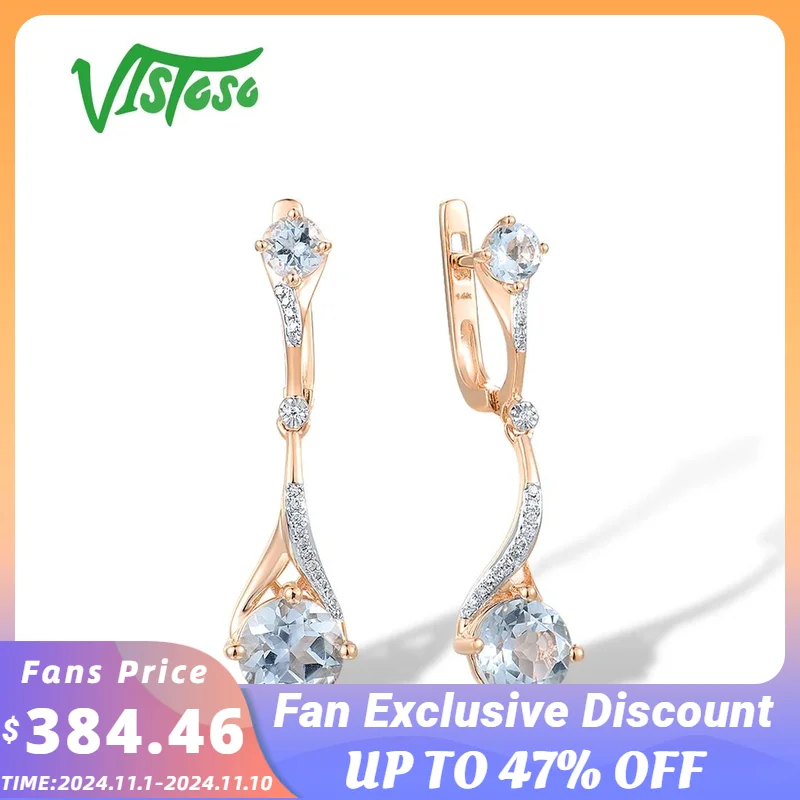 

VISTOSO Gold Earrings For Women Pure 14K 585 Rose Gold Sparkling Blue Topaz Diamond Dangling Earrings Gorgeous Fine Jewelry