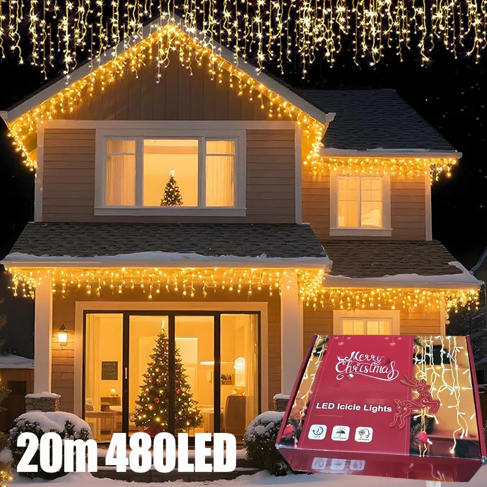 

Christmas Icicle String Lights 20+10M Extension 480LED 8Modes, EU/US/UK Plug Waterproof for Holiday Wedding Party Home Garden