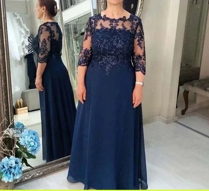 

Navy-Blue Mother Of The Bride Dresses A-line 3/4 Sleeves Chiffon Appliques Beaded Groom Evening Gown For Wedding