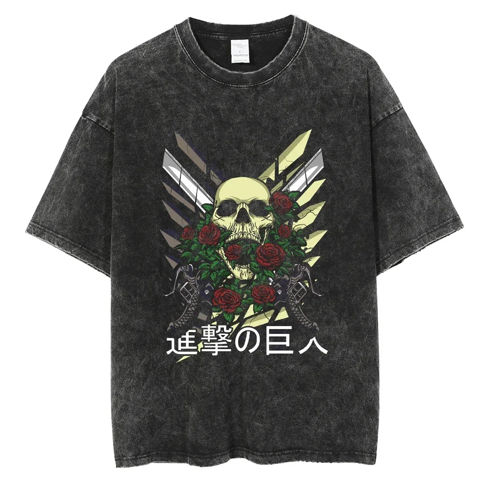 Attack on Titan Men Cotton T-shirt Streetwear Anime Graphic Washed Black Oversized Short Sleeve Casual Daily Wear