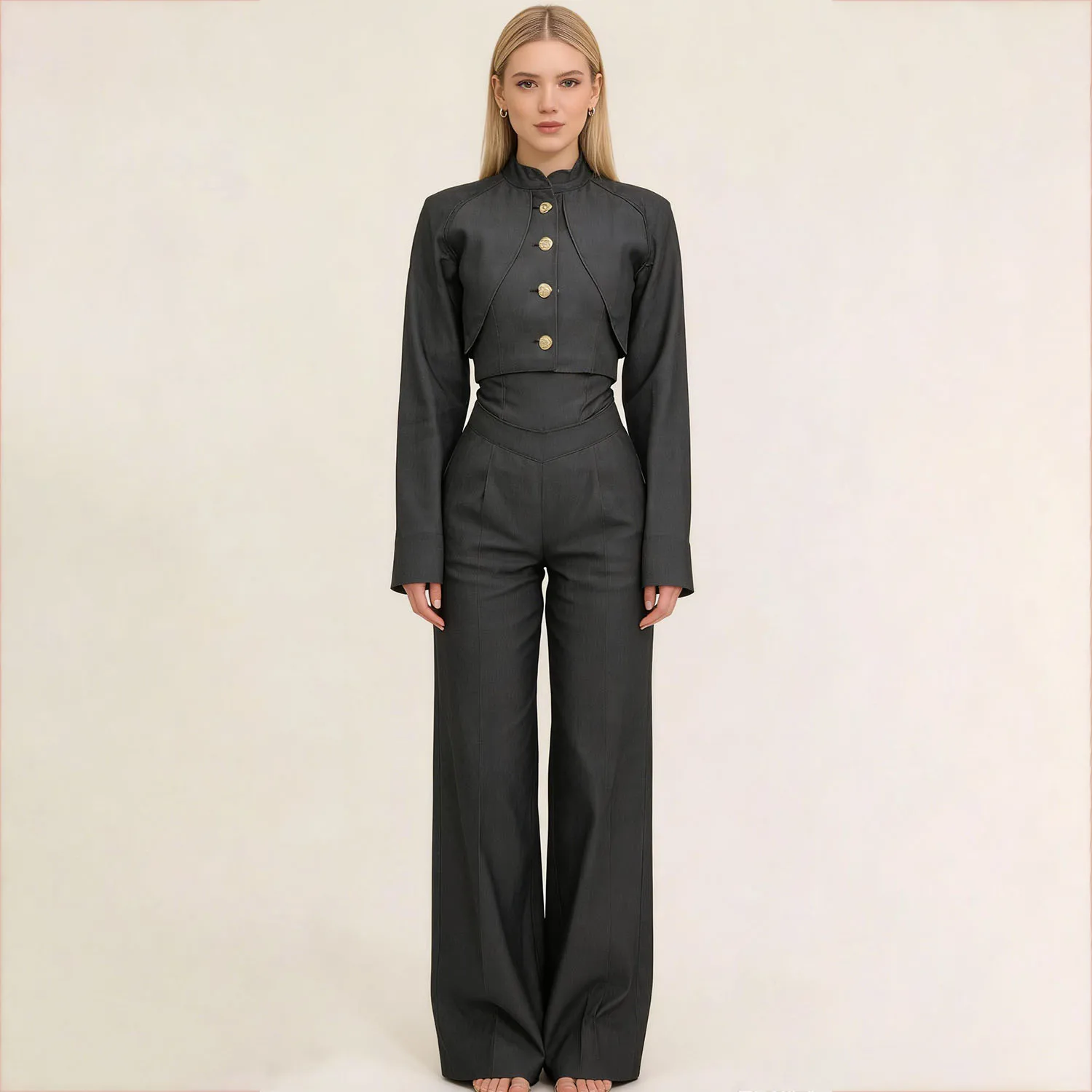 

LIMO Elegant Denim Two Piece Set for Women Long Sleeve Stand Collar Top High Waist Wide Leg Pants Office Wear with Gold Buttons