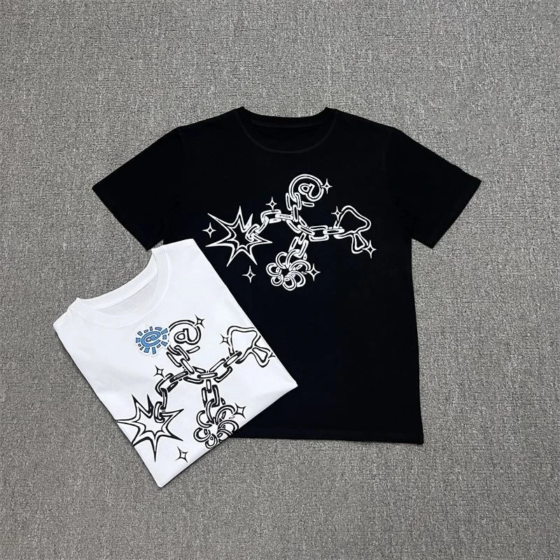 

European and American Summer Tide Brand Men's and Women's Loose Leisure Sun Roll Pure Cotton Printed T-shirt Short Sleeve