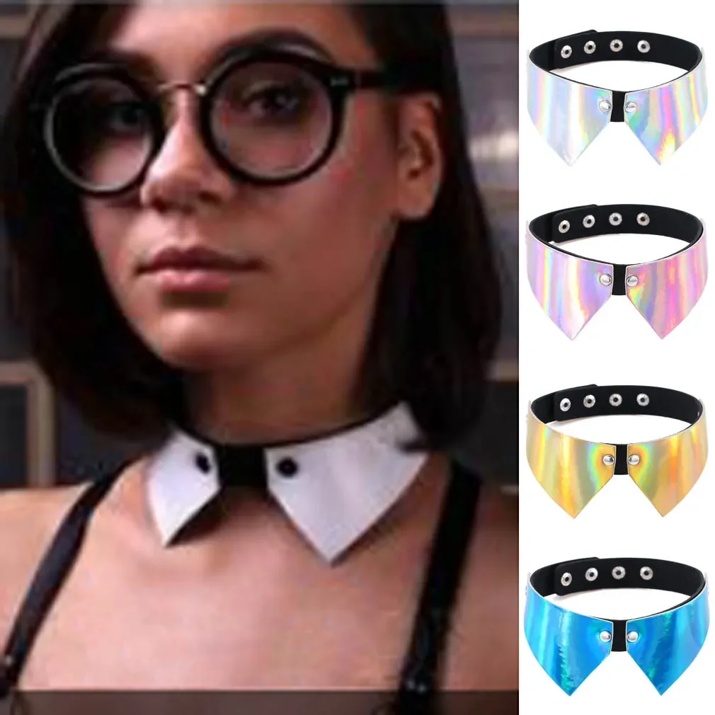 Punk Harajuku Laser Simple Popular Non-mainstream Bow tie payment Multicolored Leather Stainless steel Necklace Clavicle chain