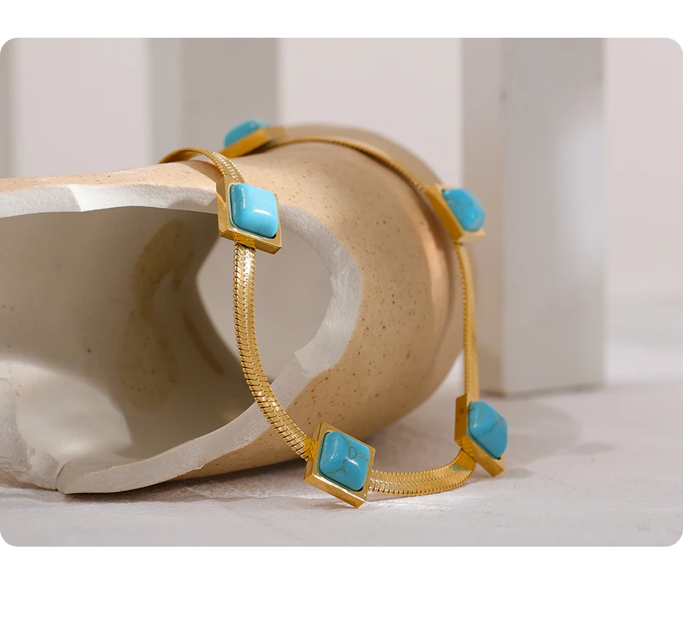 Yhpup Blue Artificial Turquoise Snake Chain Necklace Stainless Steel Golden Collar Jewelry for Women бижутерия для женщин Gift