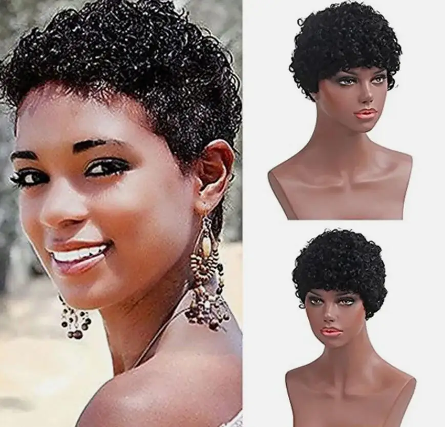 Peruca encaracolado curto do cabelo humano do Afro para mulheres, perucas pretas do corte do cabelo, natural