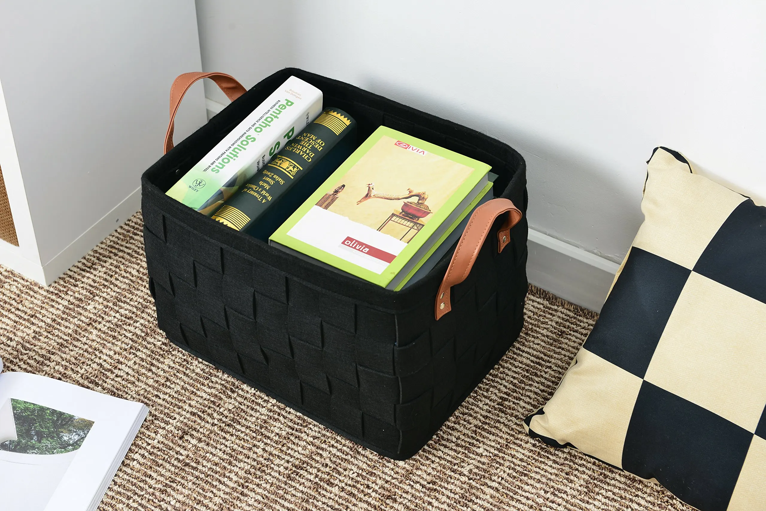 Collapsible Rectangular Leather Handle Large Black Hand Woven Storage Basket For Organizing