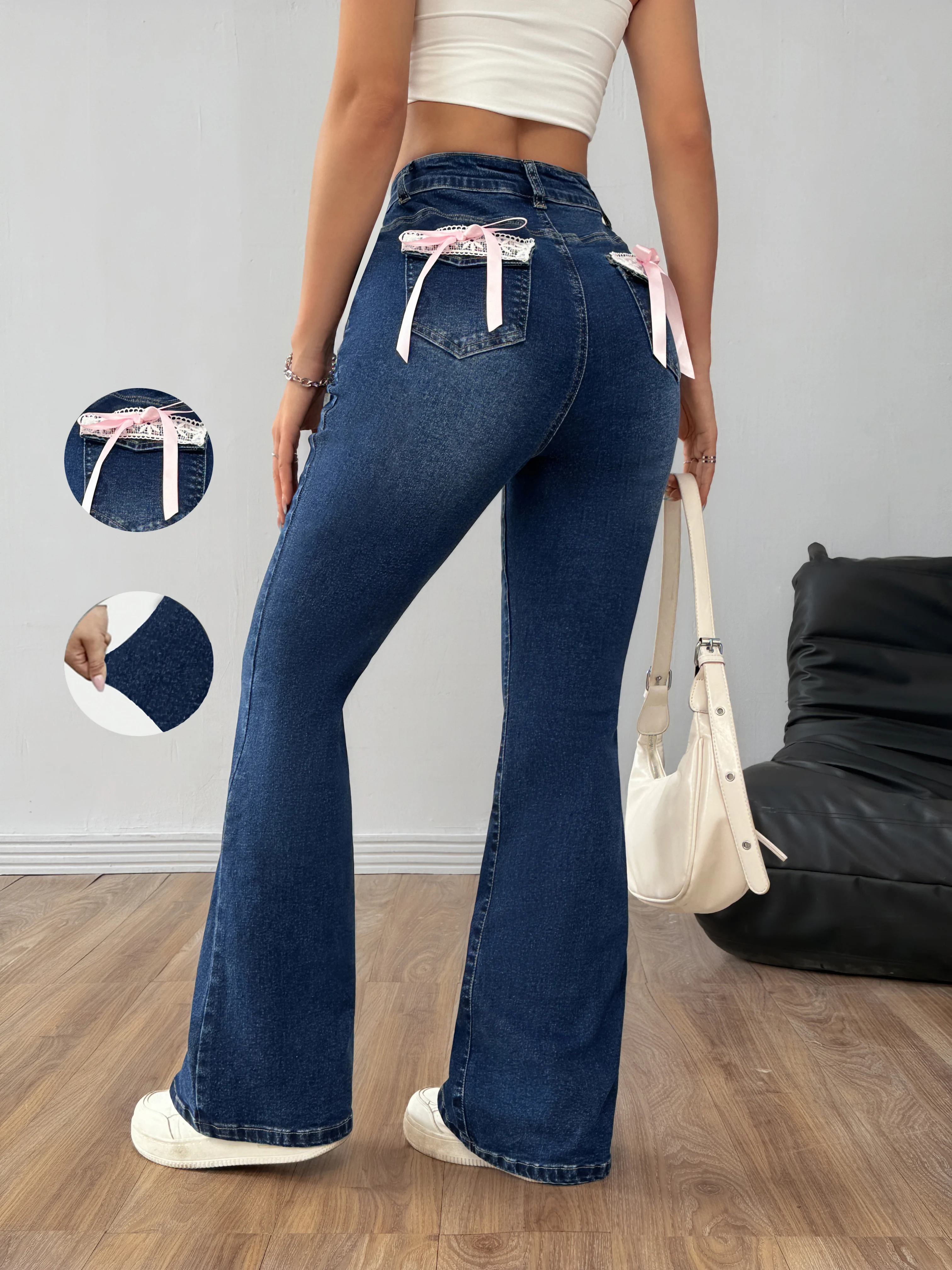 Women's High Waisted Flare Cinch Jeans - Dark Blue Denim with Pink Bow Back Pockets, Leg-Lengthening Slim Fit, Y2K Vintage Trend