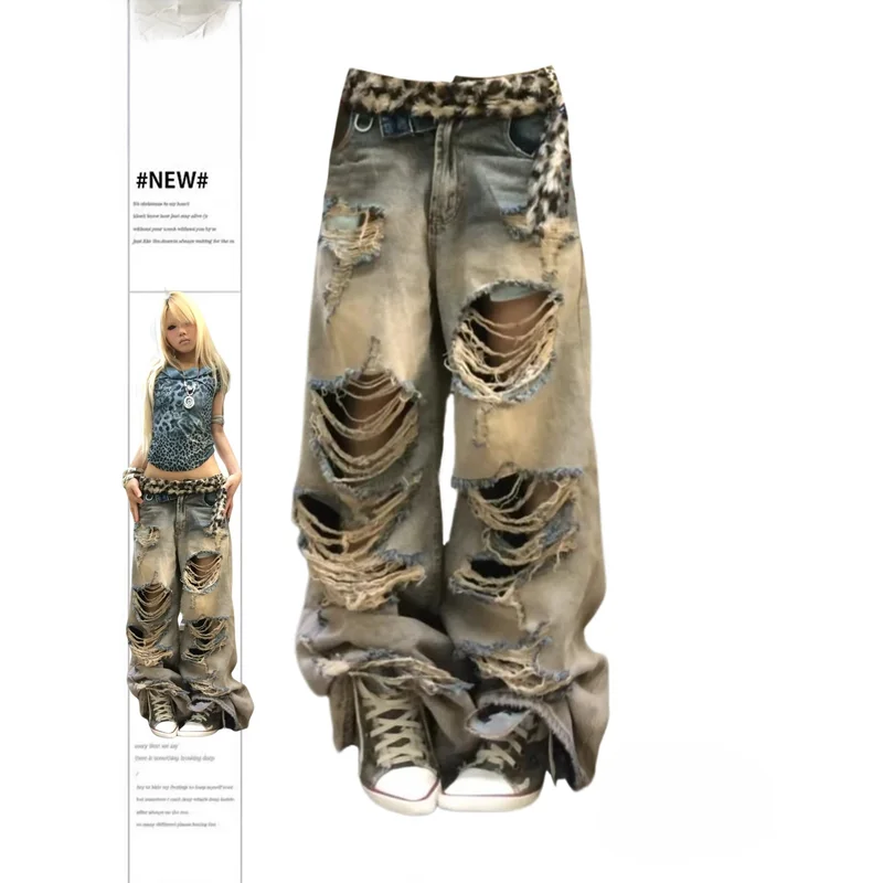Large Size Distred Denim Jeans Women's Loose Wide Leg adient Long Pants Summer Street Sle Casual Jeans Female