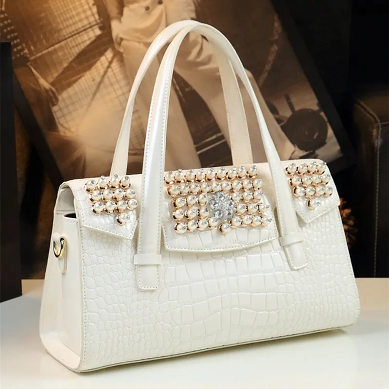 

High-grade Genuine Leather Women Handbags Large Capacity 2024 Luxury Diamonds Shoulder Crossbody Bag Fashion White Boston Bags