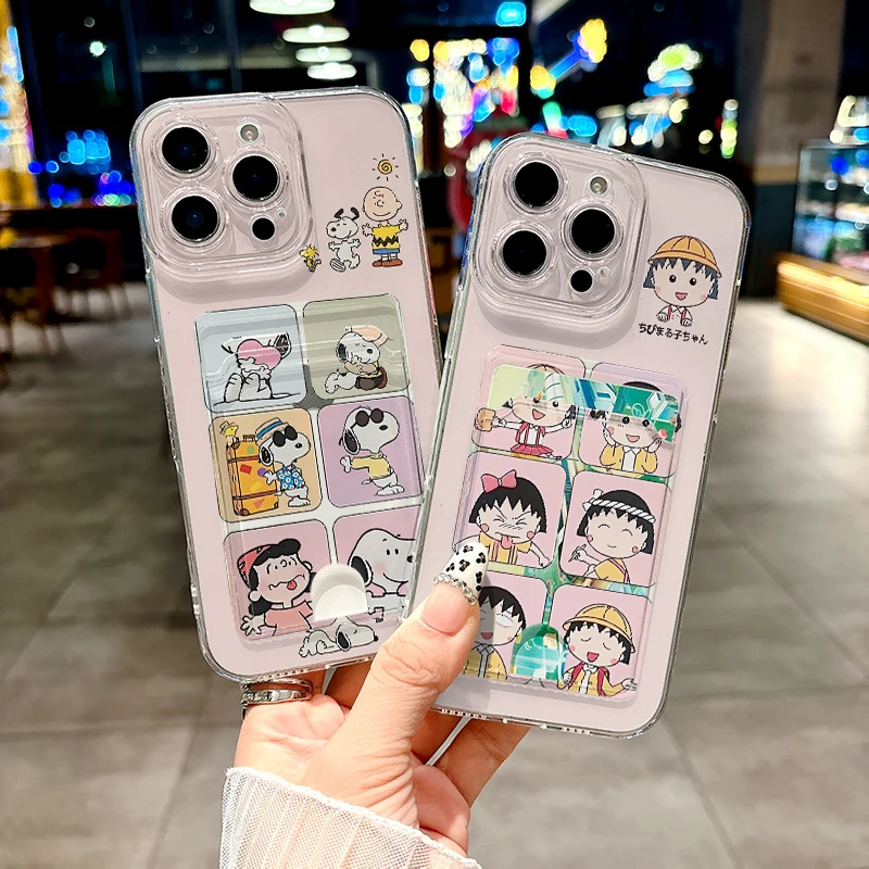 

Anime Snoopy cherry Phone Case for iPhone 11 12 13 14 15 16 Pro Max Plus X XS XR Mini Cute Cartoon Card pocket Cover Cases