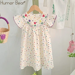 Humor Bear Children's Clothes Girl Dress Korean Embroidery Flying Sleeve Dress Sweet Colorful Polka Dot FPrincess Dress For 2-7Y